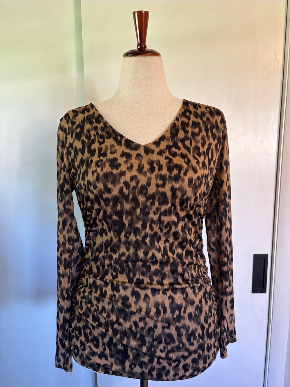 Halogen Leopard Print V-Neck Long Sleeve Dress - Brown/Black